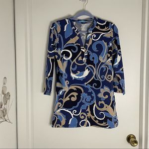 J. McLaughlin stretch knit 3/4 sleeve blouse, navy, blue and tan swirl, S